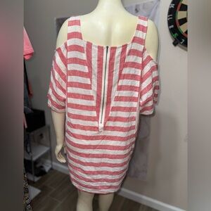 Soft Surroundings  Linen Red Striped Sunset Tunic Cold Shoulder Top /Dress L